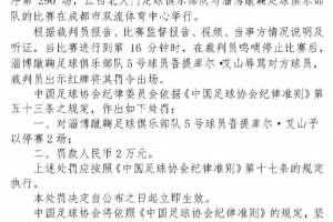 足协罚单：淄博蹴鞠球员吾提库尔辱骂对方球员，停赛2场罚款2万元